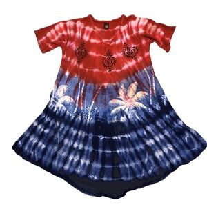 Zury Dress One Size Red Blue Tie Dye V-Neck Palm Print Crinkle Boho Beach *holes